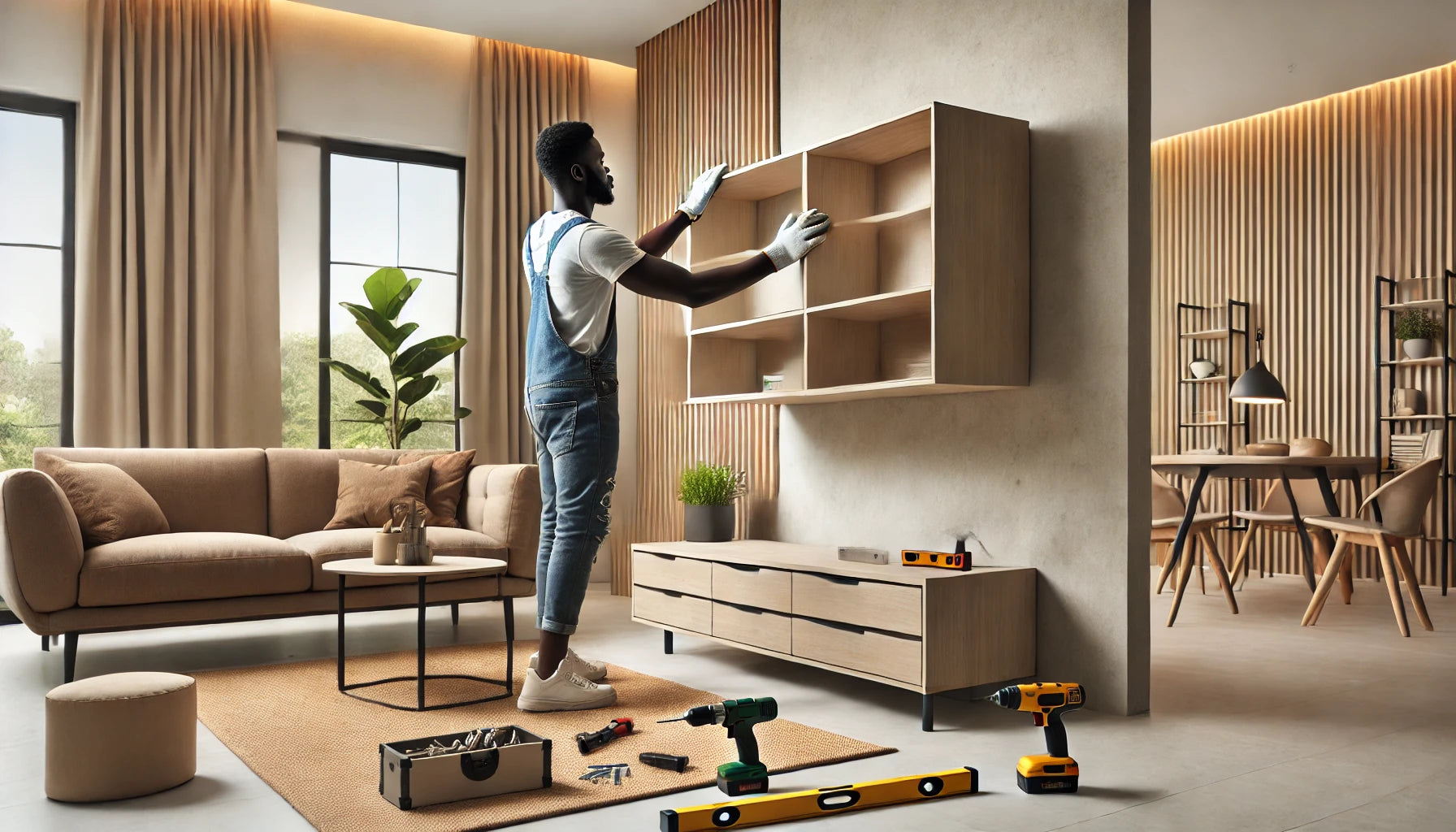 An African male using a drill and level to install a wall-mounted shelf in a bright, modern living room, with safety goggles and tools neatly arranged, highlighting safe and precise furniture installation