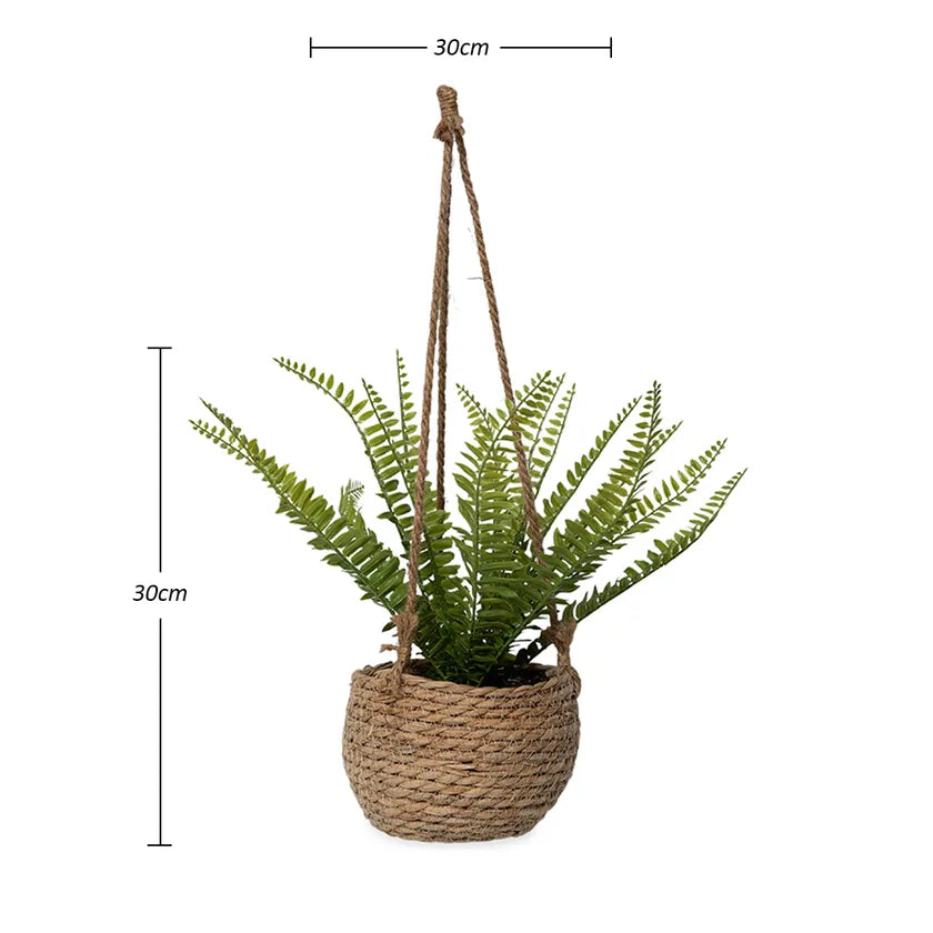 Artificial Fern Hanging Rattan Basket, Green