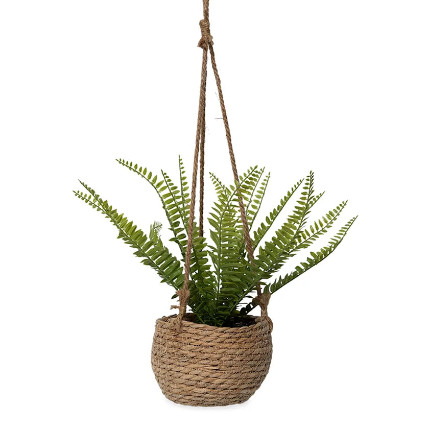 Artificial Fern Hanging Rattan Basket, Green